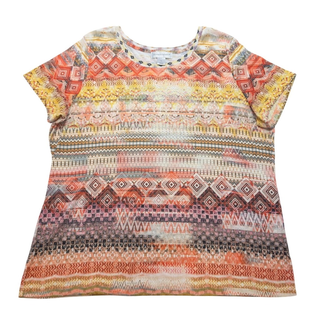 Christopher & Banks Top‎ Women XL Orange Geometric Tribal Rhinestone